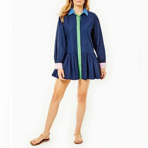 NWT Addison Bay Lane Color Block Point Collar Peplum Dropped Waist Flounce Dress - Picture 6 of 10